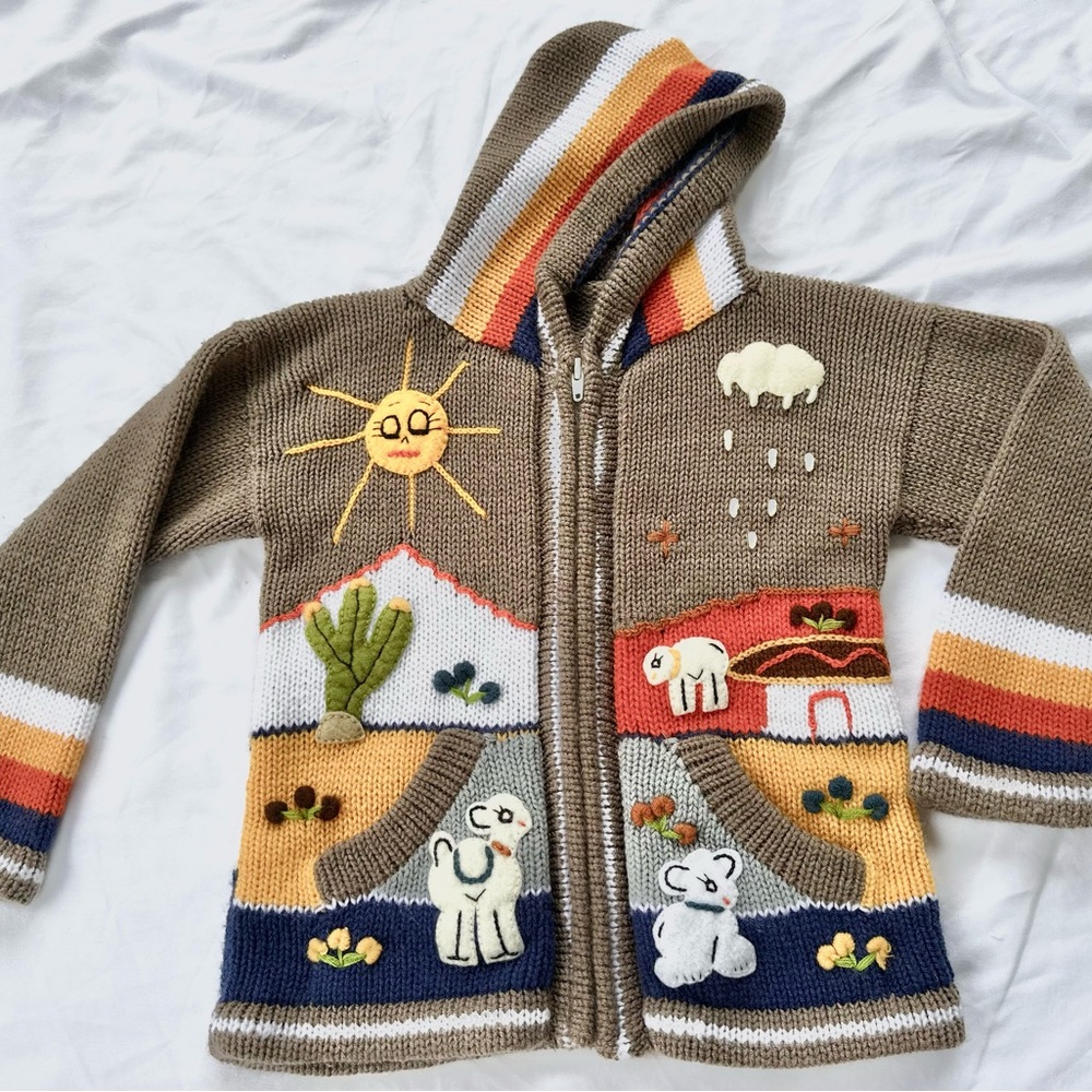 Children’s Colorful Animal Sweater Cardigan with Hood and Pockets - Made in Peru